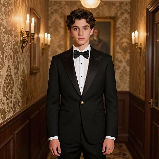 Photograph of a young boy with curly brown hair, wearing a black tuxedo with white shirt and black bow tie, standing in an ornate