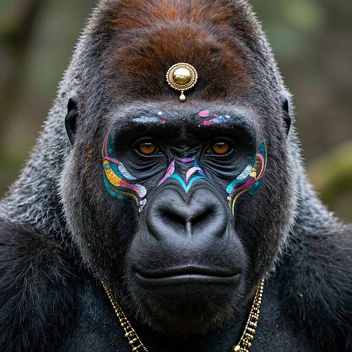 Photograph of a serious-looking black gorilla with vibrant, colorful face paint patterns, a gold forehead ornament, and a gold necklace, set against a