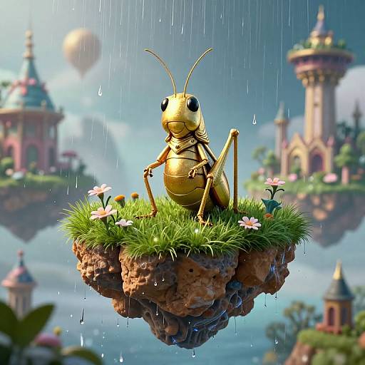 Digital illustration of a cartoonish yellow grasshopper standing on a floating patch of grass with pink flowers, raining in a whimsical, colorful fantasy landscape