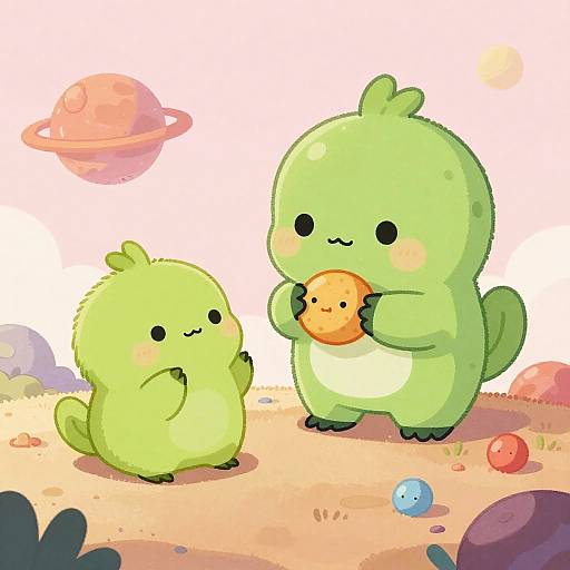 Cute Green Alien with Playful Space Pets