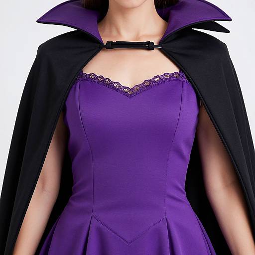 Photograph of a woman in a purple, lace-trimmed dress with a black cape, collar up, against a white background.