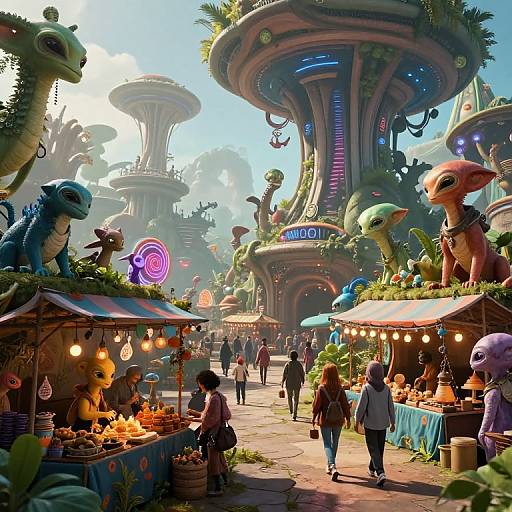 Vibrant, fantasy market scene with alien-like creatures, colorful stalls, glowing signs, and diverse shoppers in a whimsical, futuristic setting. Digital