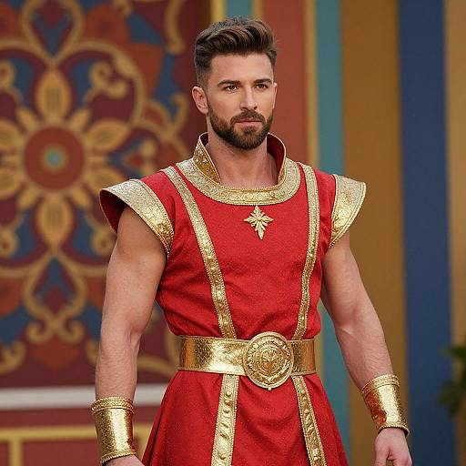 Photograph of a muscular, bearded man with dark hair, wearing a red and gold Roman-inspired tunic with ornate gold accents, walking on