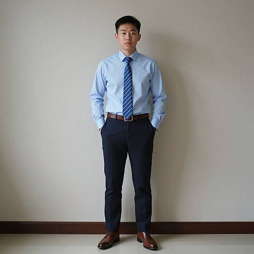 Photograph of an Asian man standing against a plain white wall, wearing a light blue dress shirt, navy tie, black pants, brown belt, and