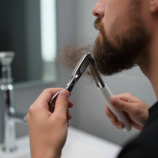 Photograph of a bearded man shaving his chin with a black and white electric razor in a modern bathroom.