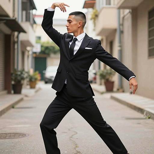 Photograph of a confident, young, Asian man with a buzzcut, wearing a black suit, white shirt, and black tie, striking a dynamic