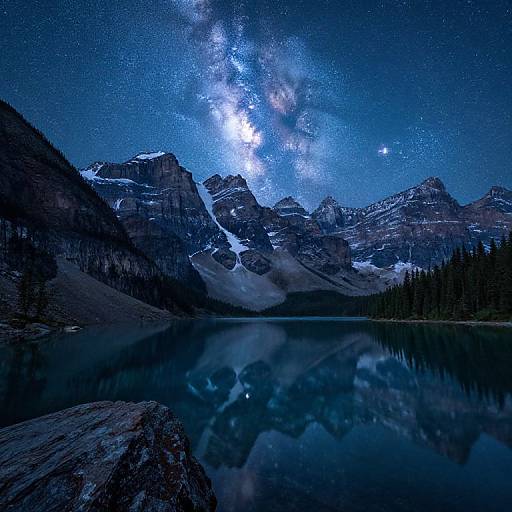 Photograph of a serene mountain lake at night, reflecting the Milky Way galaxy, with star-filled sky and snow-capped peaks.