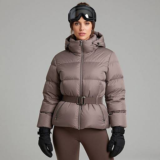 Photograph of a woman with fair skin, brown hair, wearing a grey puffer jacket, black gloves, and ski goggles, against a plain light