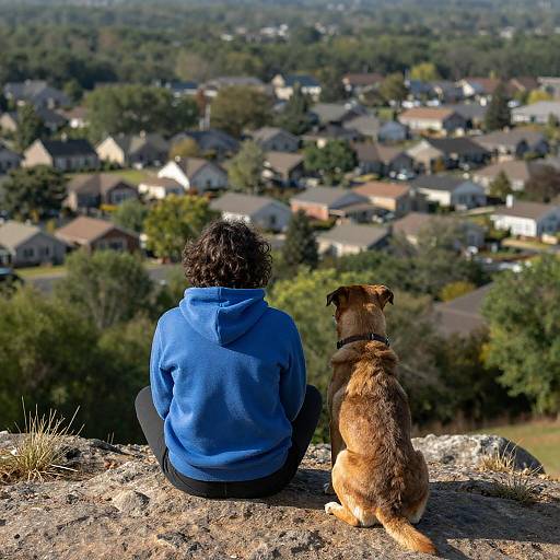Blue Hoodie and Dog Overlooking Suburb
