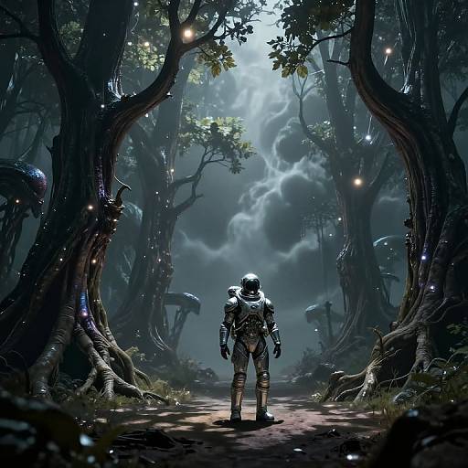 Digital artwork of a lone, armored figure standing on a forest path, surrounded by towering, twisted trees and glowing fireflies under a stormy, moon