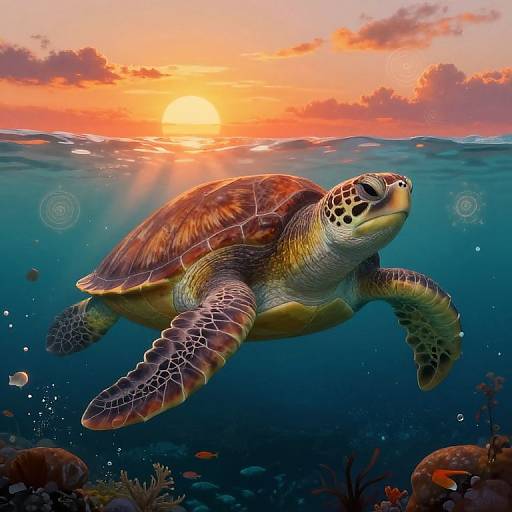 Digital artwork of a vibrant sea turtle swimming underwater during a colorful sunset, with coral and fish in the foreground.