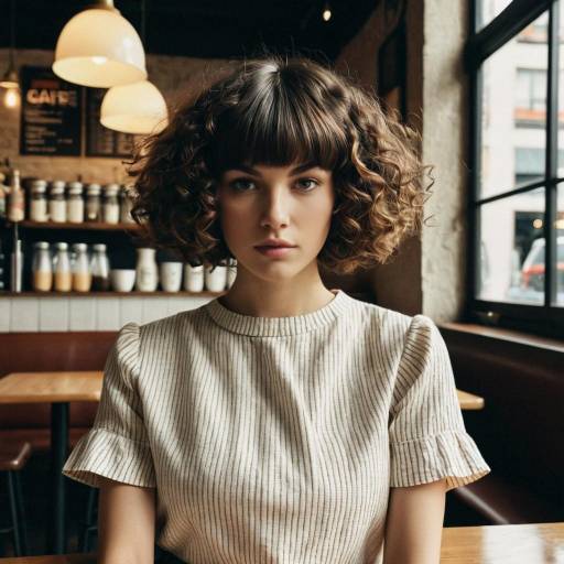 Young Woman with Curly Bowl Cut in Urban Cafe