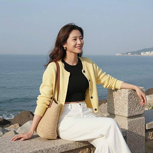 Smiling Woman Sitting by the Sea