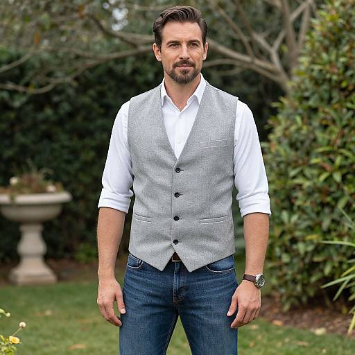 Man Wearing Grey Vest in Garden