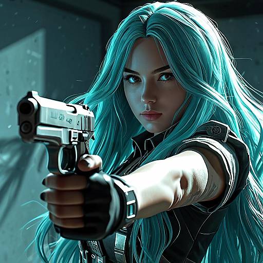 Digital art of a fierce woman with long, glowing blue hair, aiming a gun forward with intense focus, in a dark, shadowy setting.