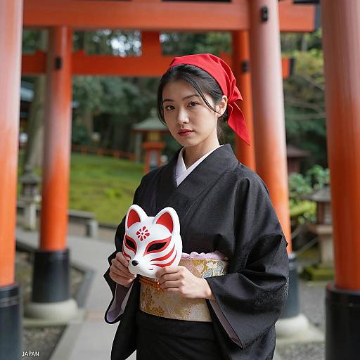 Japanese Woman in Black Kimono Holding Fox Mask