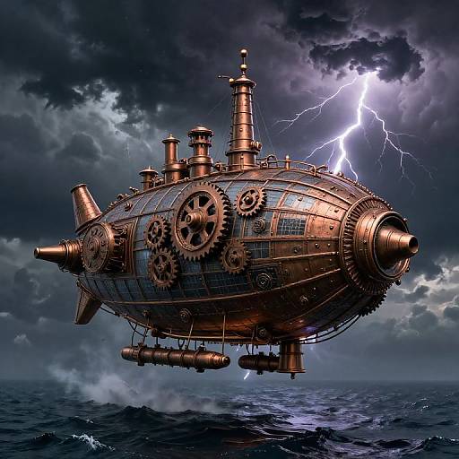 Steampunk airship with brass gears and pipes, illuminated by lightning, floating on stormy ocean. Dark, dramatic sky, turbulent waves. Digital