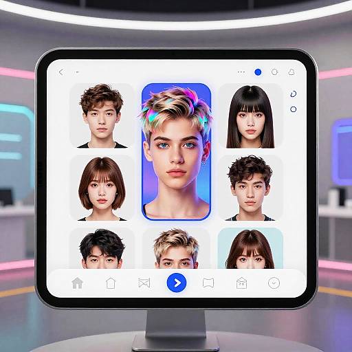 Digital image of a touchscreen tablet displaying eight face portraits, with a central multicolored-haired portrait, in a futuristic, neon-lit room.