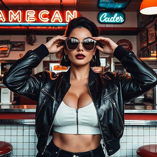 Fashionable Woman in Leather Jacket and Sunglasses