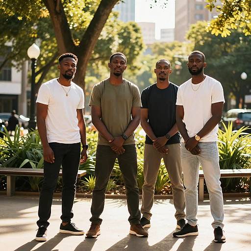 Photograph of four Black men standing in a sunlit urban park, wearing white and grey t-shirts, black and beige pants, smiling. Trees and