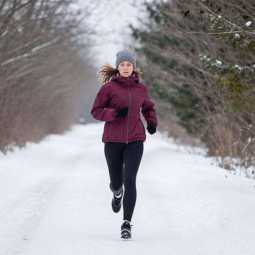 Photograph of a woman jogging in a snowy, tree-lined path, wearing a maroon jacket, black leggings, black gloves, beanie, and