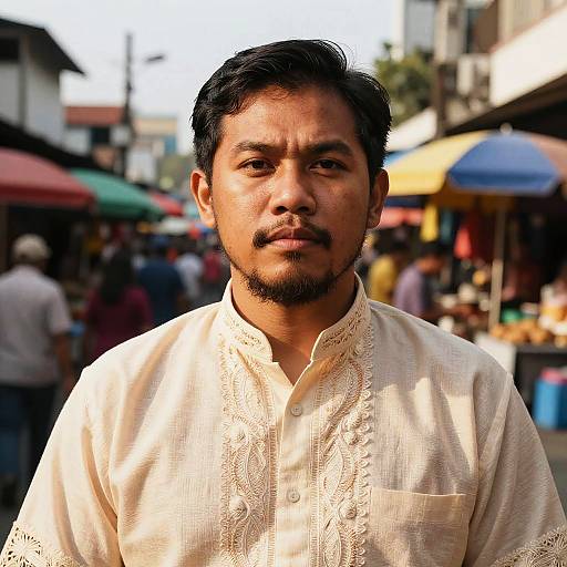 Photograph of a middle-aged Indian man with short black hair, beard, and mustache, wearing a white embroidered button-up shirt, standing in a