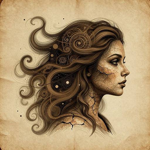 Sepia-toned digital drawing of a profile woman with flowing, curly hair, intricate swirls, gears, and cracks, against a textured, aged