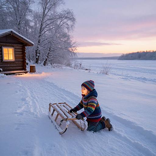 Child with Sled in Winter Glow