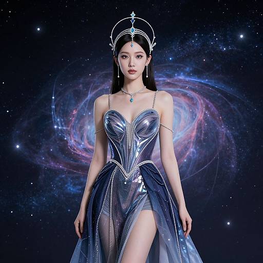 Digital artwork of an East Asian woman with long black hair, wearing a shimmering blue galaxy-themed corset and crown, against a cosmic backdrop.