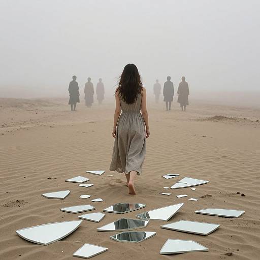 Photograph of a woman in a gray dress walking barefoot on a foggy desert, leaving scattered mirrors behind her, with silhouetted figures
