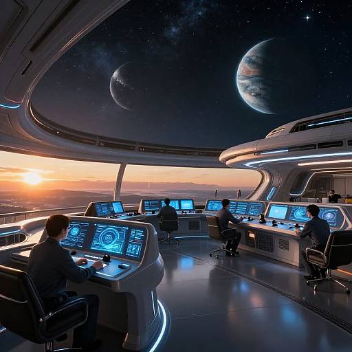 Photorealistic CGI of a futuristic spaceship control room with six astronauts monitoring glowing screens, two planets visible through the curved windows at sunset.
