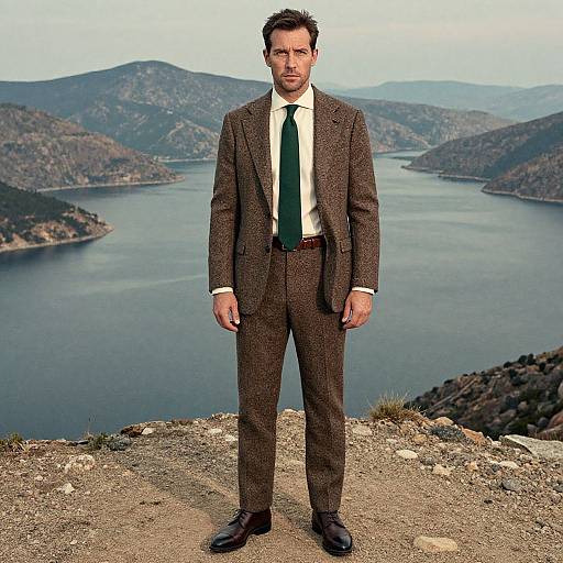 Photograph of a serious, bearded man in a brown tweed suit, white shirt, and green tie, standing on a rocky cliff overlooking a