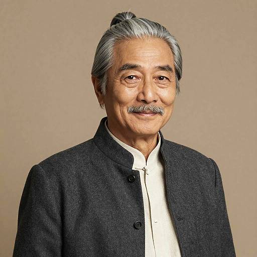 Portrait of Older East Asian Man with Silver Topknot