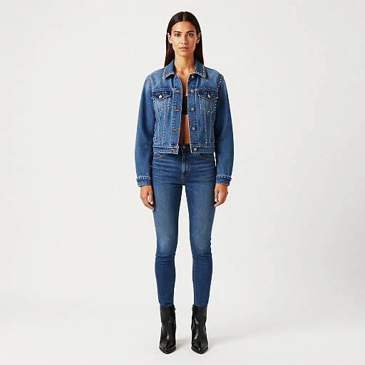 Photograph of a woman with straight black hair, wearing a blue denim jacket, dark blue skinny jeans, and black ankle boots, standing against a plain