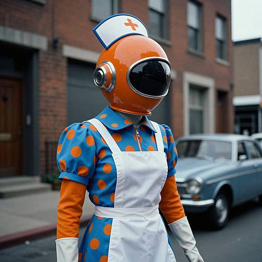 Photograph of a person in an orange helmet with a black visor, blue polka-dot dress, white apron, and nurse hat, standing