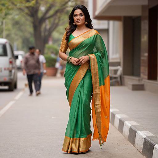 Photograph of an Indian woman in a green and gold sari, standing on a street, with blurred background and trees.