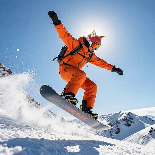 Snowboarder Mid-Air in Orange Suit with Fox Ear Helmet