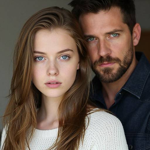 Photograph of a young woman with fair skin, blue eyes, and long brown hair in a white knit sweater, standing closely with a bearded man