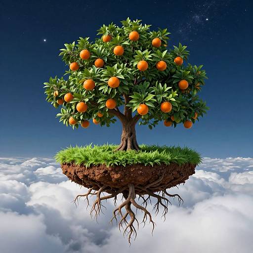 Digital artwork of a floating orange tree with vibrant oranges, green leaves, and visible roots, set against a starry night sky and fluffy clouds.