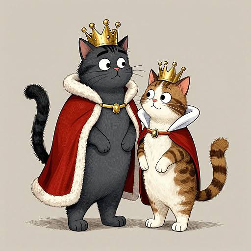 Cartoon illustration of two cats: a black cat with a regal red and white cape and crown, and a white and brown cat with a smaller