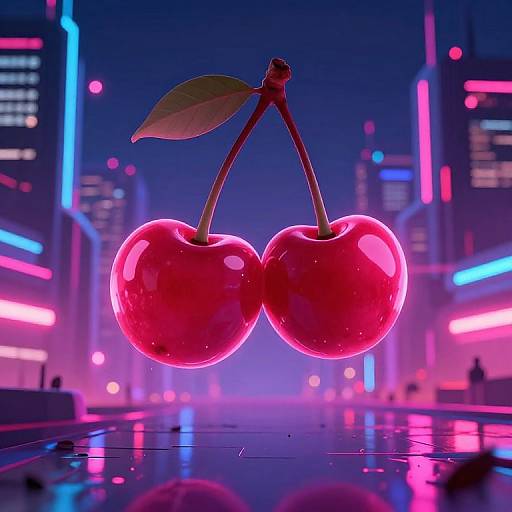 Digital artwork of two glowing, neon pink cherries with green leaves, floating above a futuristic cityscape with vibrant neon lights.