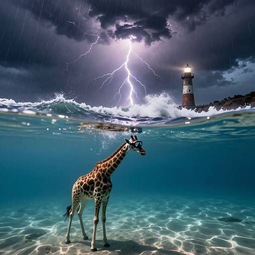 Photograph of a giraffe underwater with lightning illuminating the stormy sky above, and a lighthouse in the background. Waves crash, creating a