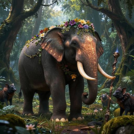 Digital artwork of a decorated elephant with flowers on its head, standing in a lush, sunlit forest, surrounded by small, mouse-like creatures holding torch