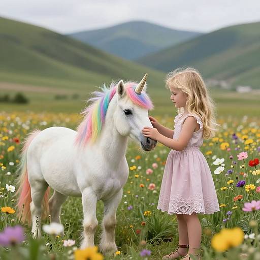 Photograph of a blonde girl in a pink dress gently petting a white unicorn with a rainbow mane in a colorful meadow.