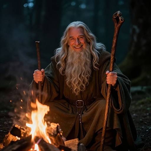 Photograph of an elderly wizard with long white beard, wearing dark robes, sitting by a bright campfire in a forest at night, smiling warmly while