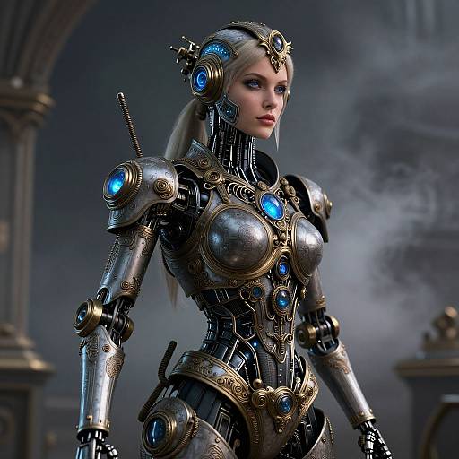 CGI image of a silver, cybernetic woman with blue glowing accents, long blonde hair, and intricate armor, standing in a misty,