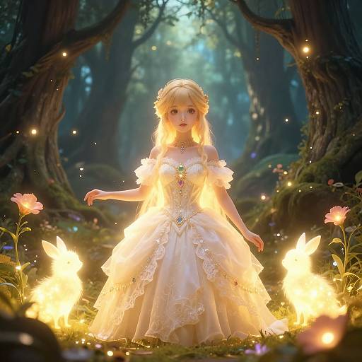 Whimsical digital art of a blonde fairy girl in a glowing white dress, surrounded by fireflies and flowers in a mystical forest.