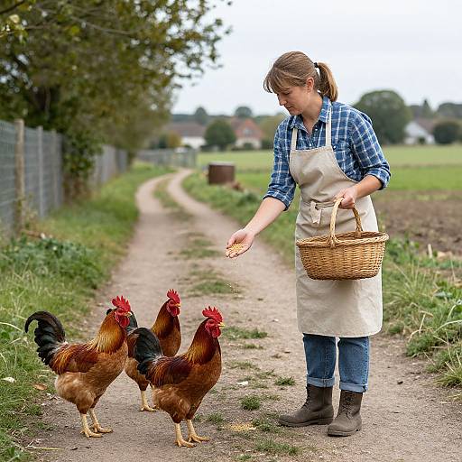 Woman Feeding Roosters on Farm Path