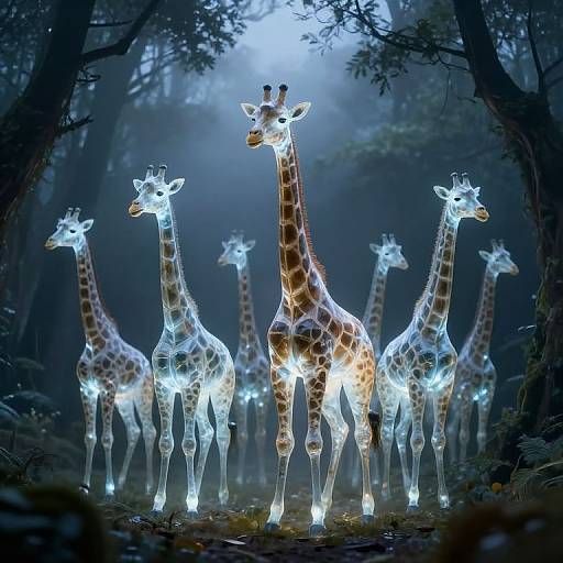 Photograph of glowing, bioluminescent giraffes with neon blue accents standing in a misty, dark forest, illuminated by ethereal light