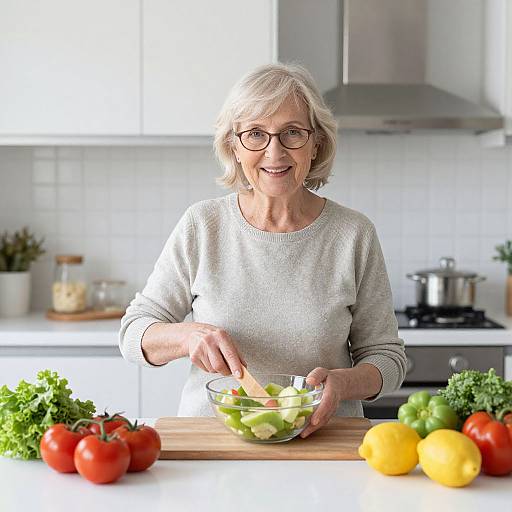Elderly woman with short gray hair and glasses, wearing a white sweater, chopping green bell peppers in a brightly lit kitchen. Fresh vegetables on the